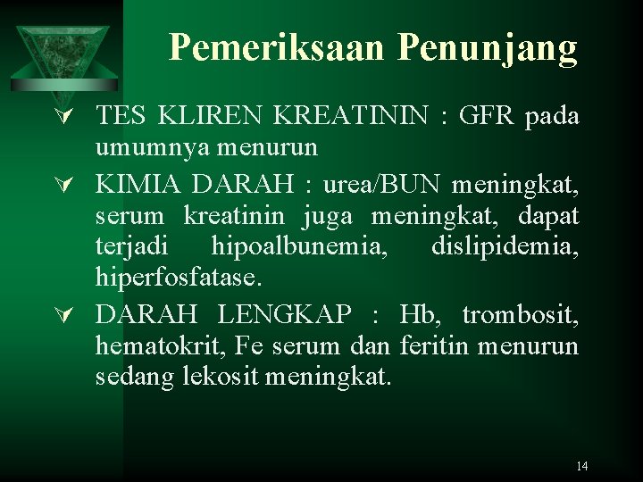 Pemeriksaan Penunjang Ú TES KLIREN KREATININ : GFR pada umumnya menurun Ú KIMIA DARAH