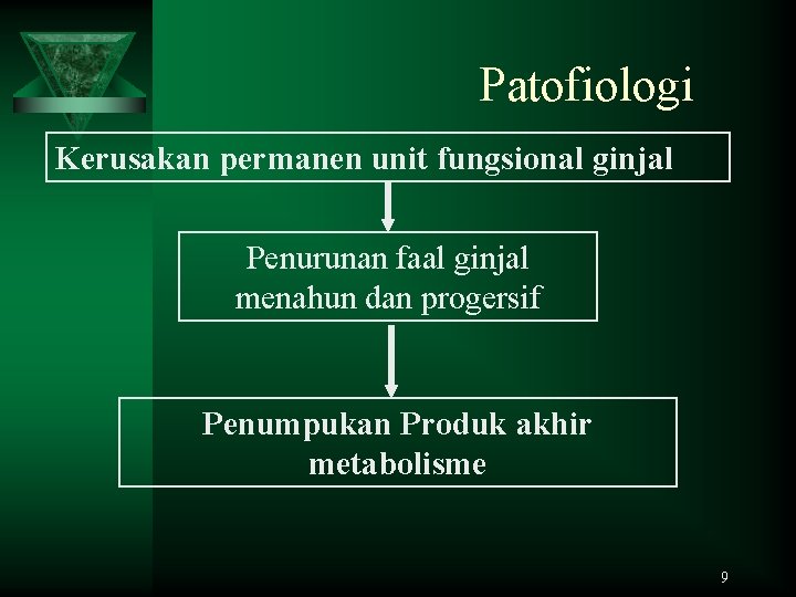 Patofiologi Kerusakan permanen unit fungsional ginjal Penurunan faal ginjal menahun dan progersif Penumpukan Produk