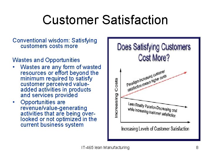 Customer Satisfaction Conventional wisdom: Satisfying customers costs more Wastes and Opportunities • Wastes are