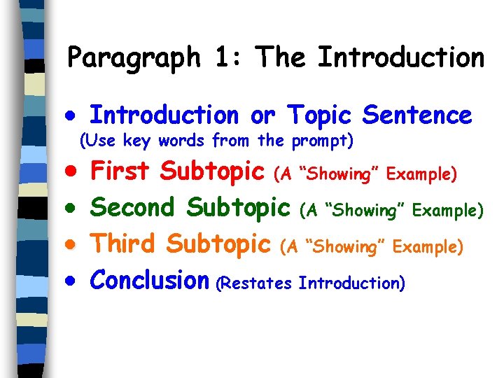 Paragraph 1: The Introduction · Introduction or Topic Sentence · (Use key words from