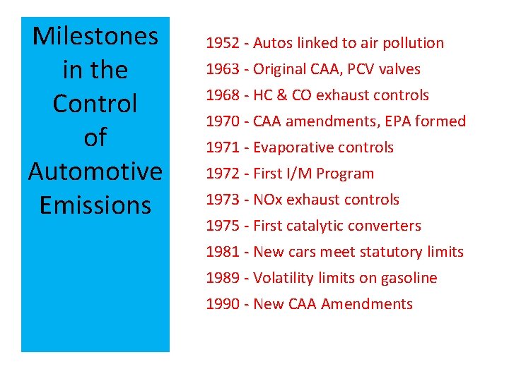 Milestones in the Control of Automotive Emissions 1952 - Autos linked to air pollution