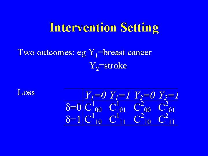 Intervention Setting Two outcomes: eg Y 1=breast cancer Y 2=stroke Loss Intervention Setting Two outcomes: eg Y 1=breast cancer Y 2=stroke Loss