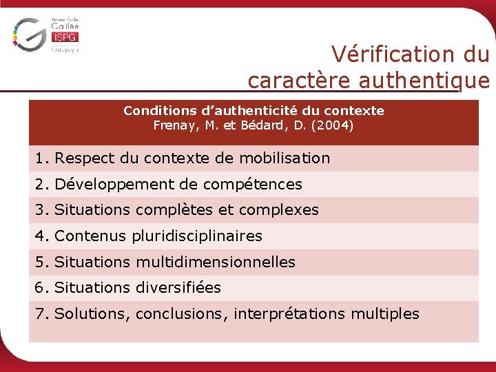 Vérification du caractère authentique Conditions d’authenticité du contexte Frenay, M. et Bédard, D. (2004)