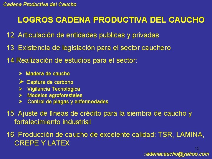 Cadena Productiva del Caucho LOGROS CADENA PRODUCTIVA DEL CAUCHO 12. Articulación de entidades publicas