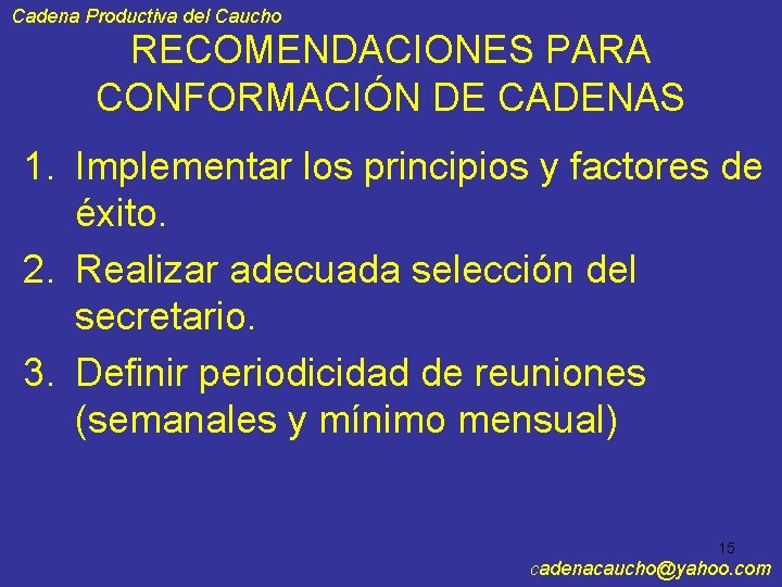 Cadena Productiva del Caucho RECOMENDACIONES PARA CONFORMACIÓN DE CADENAS 1. Implementar los principios y