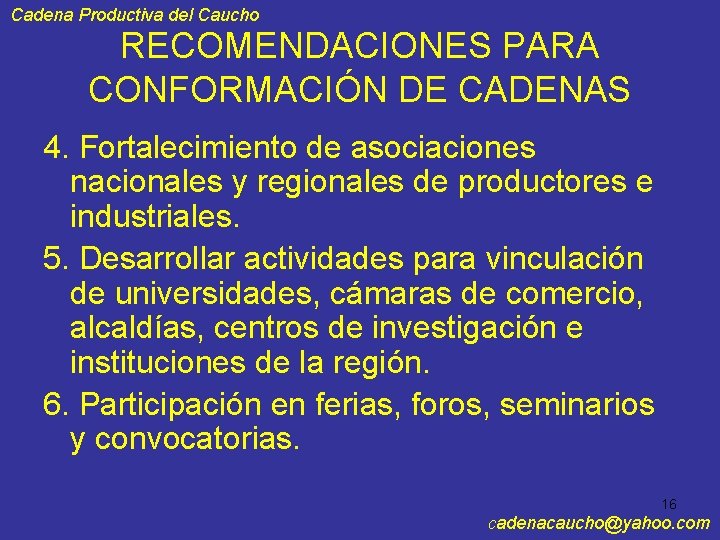 Cadena Productiva del Caucho RECOMENDACIONES PARA CONFORMACIÓN DE CADENAS 4. Fortalecimiento de asociaciones nacionales