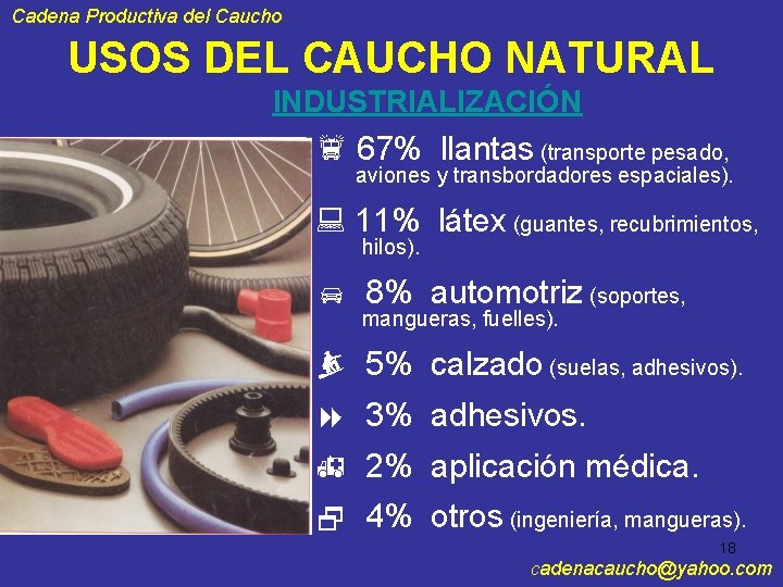 Cadena Productiva del Caucho USOS DEL CAUCHO NATURAL INDUSTRIALIZACIÓN f 67% llantas (transporte pesado,