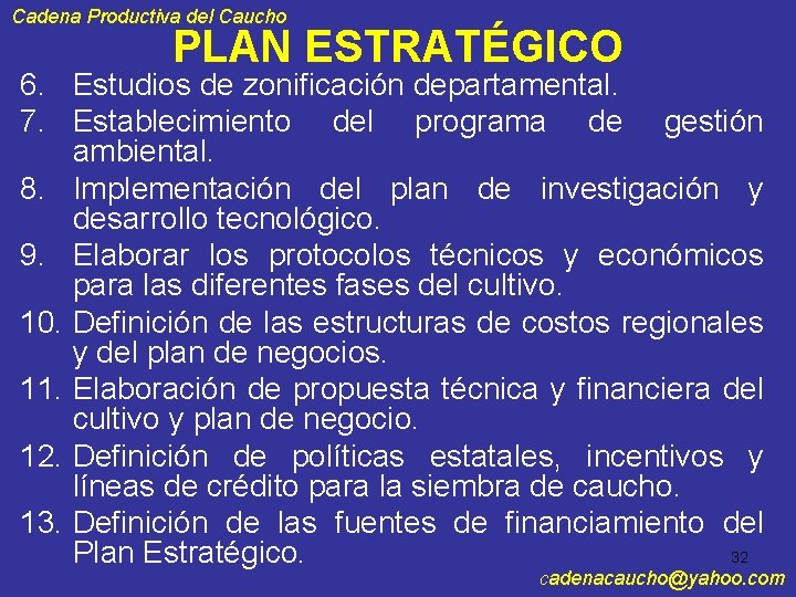 Cadena Productiva del Caucho PLAN ESTRATÉGICO 6. Estudios de zonificación departamental. 7. Establecimiento del