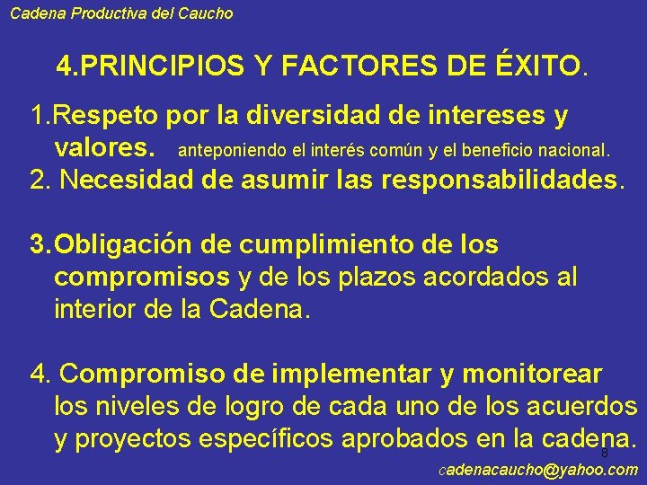 Cadena Productiva del Caucho 4. PRINCIPIOS Y FACTORES DE ÉXITO. 1. Respeto por la