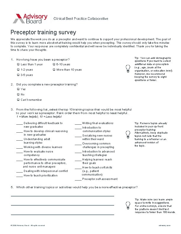 Preceptor Questionnaire Preceptor training survey We appreciate the work you