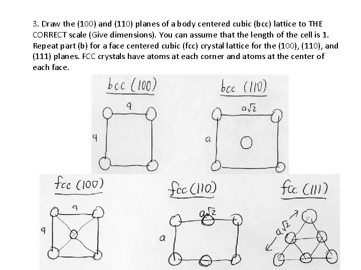 3. Draw the (100) and (110) planes of a body centered cubic (bcc) lattice
