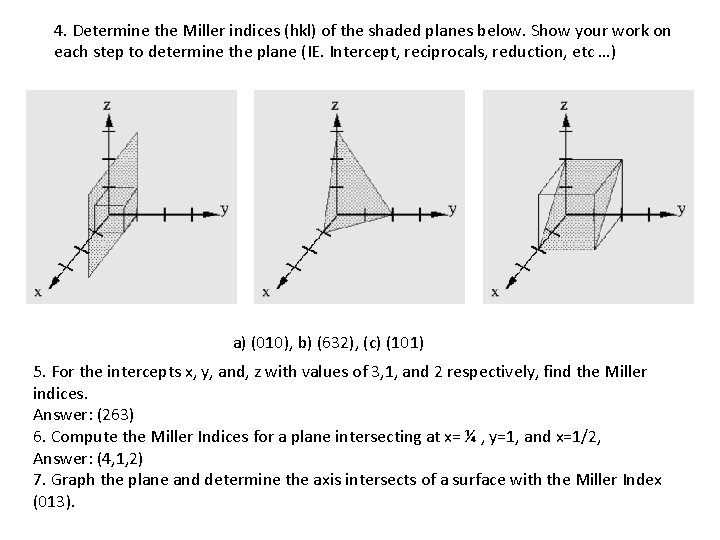 4. Determine the Miller indices (hkl) of the shaded planes below. Show your work