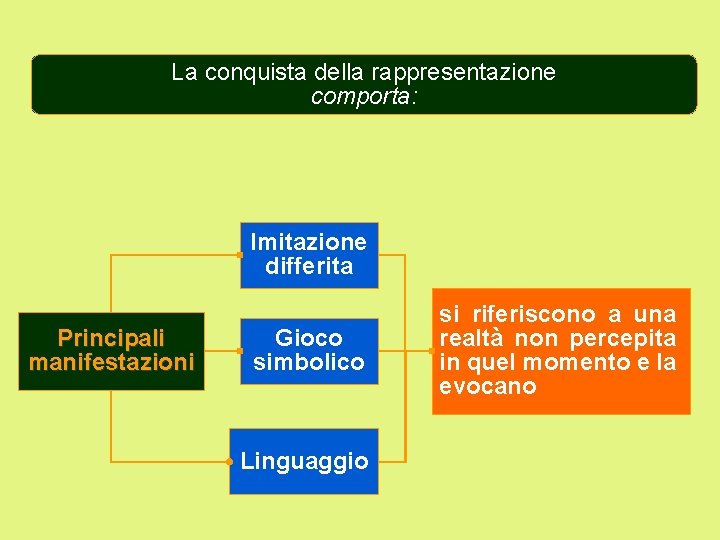 La conquista della rappresentazione comporta: Imitazione differita Principali manifestazioni Gioco simbolico Linguaggio si riferiscono