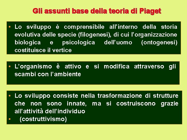 Gli assunti base della teoria di Piaget • Lo sviluppo è comprensibile all’interno della