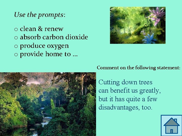 Use the prompts: o clean & renew o absorb carbon dioxide o produce oxygen