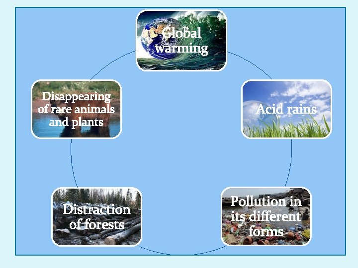 Global warming Disappearing of rare animals and plants Distraction of forests Acid rains Pollution