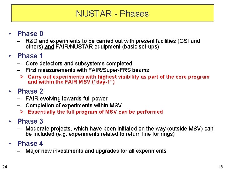 NUSTAR - Phases • Phase 0 – R&D and experiments to be carried out