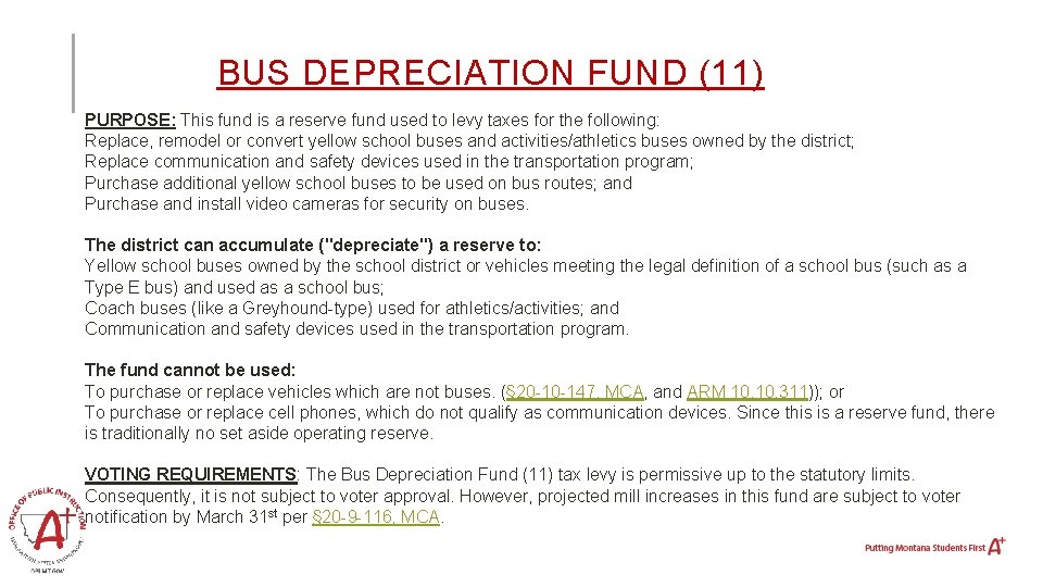 BUS DEPRECIATION FUND (11) PURPOSE: This fund is a reserve fund used to levy
