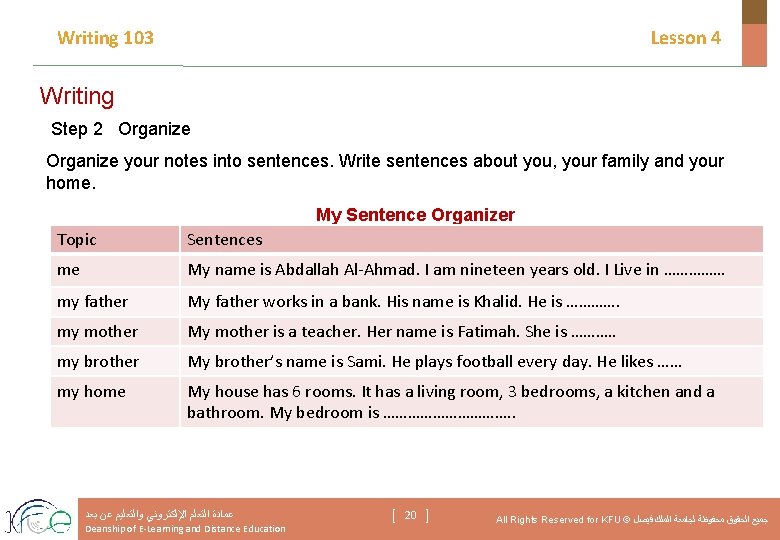 Writing 103 Lesson 4 Writing Step 2 Organize your notes into sentences. Write sentences