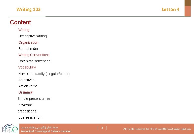 Writing 103 Lesson 4 Content Writing Descriptive writing Organization Spatial order Writing Conventions Complete