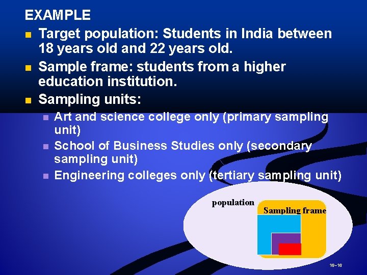 EXAMPLE n Target population: Students in India between 18 years old and 22 years