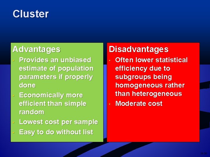 Cluster Advantages • • Provides an unbiased estimate of population parameters if properly done