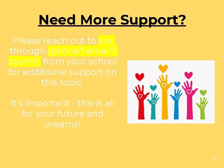 Need More Support? Please reach out to xxx through (phone? email? zoom? ) from
