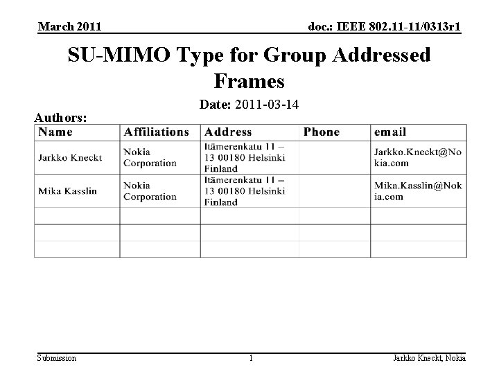 March 2011 doc. : IEEE 802. 11 -11/0313 r 1 SU-MIMO Type for Group