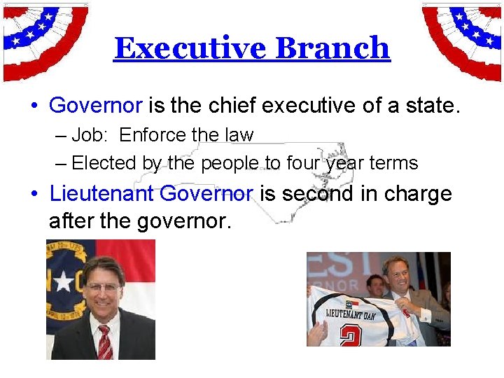 Executive Branch • Governor is the chief executive of a state. – Job: Enforce
