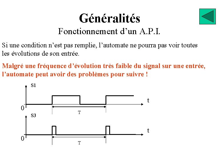 Généralités Fonctionnement d’un A. P. I. Si une condition n’est pas remplie, l’automate ne