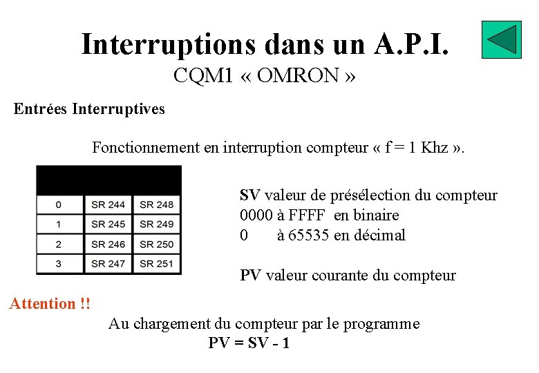 Interruptions dans un A. P. I. CQM 1 « OMRON » Entrées Interruptives Fonctionnement