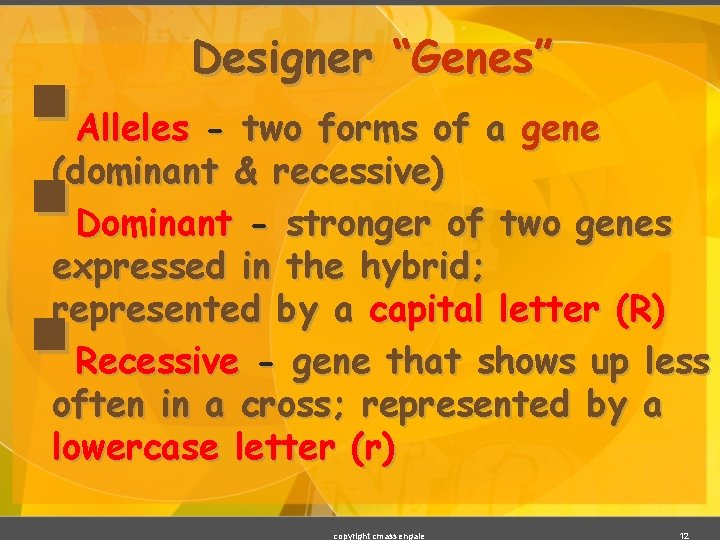 § § § Designer “Genes” Alleles - two forms of a gene (dominant &