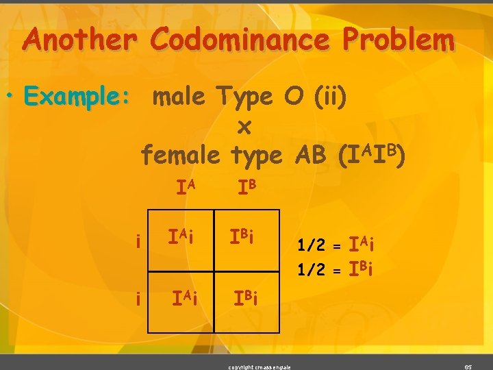 Another Codominance Problem • Example: male Type O (ii) x female type AB (IAIB)