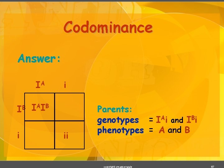 Codominance Answer: IA IB i i I AI B ii Parents: genotypes = IAi