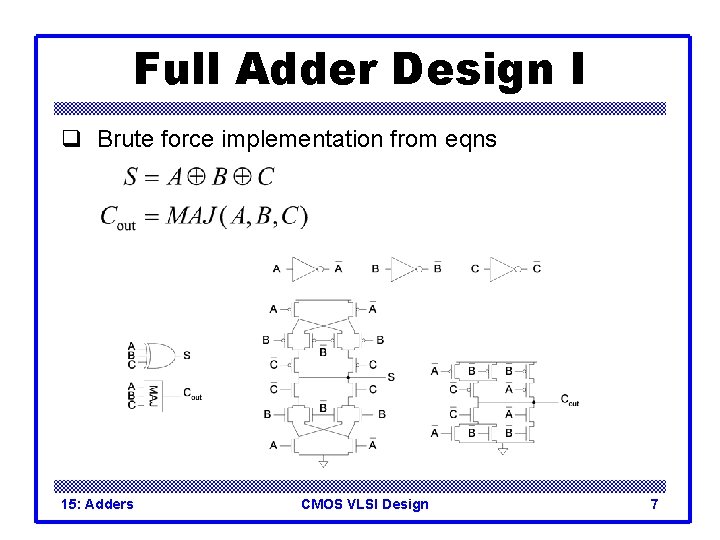 Full Adder Design I q Brute force implementation from eqns 15: Adders CMOS VLSI