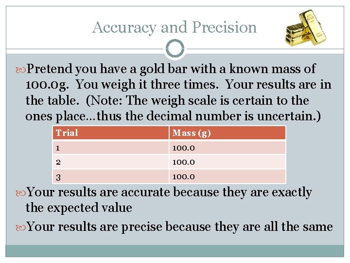 Accuracy and Precision Pretend you have a gold bar with a known mass of