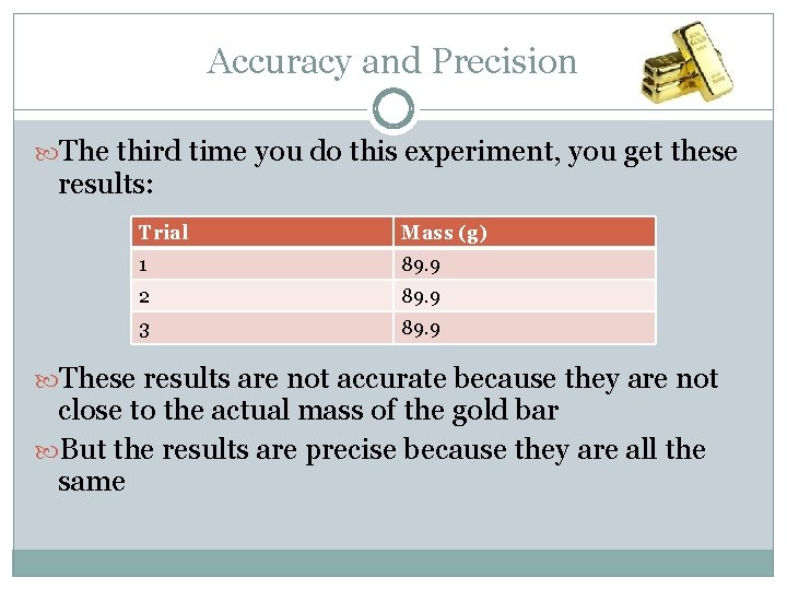 Accuracy and Precision The third time you do this experiment, you get these results: