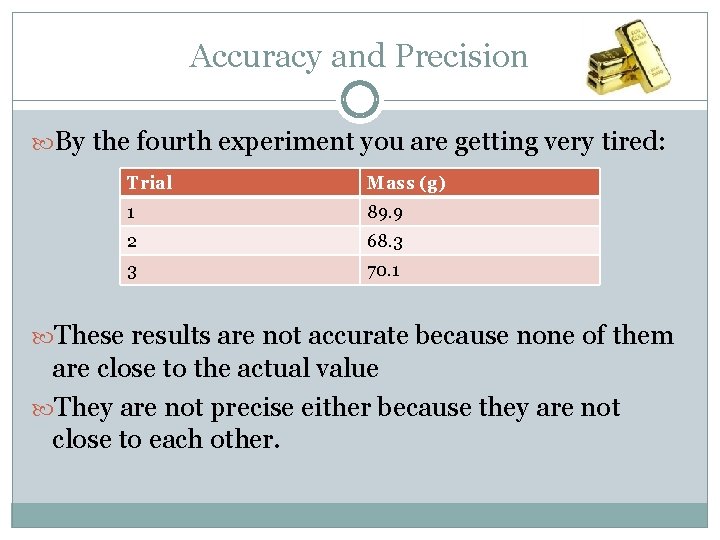 Accuracy and Precision By the fourth experiment you are getting very tired: Trial Mass