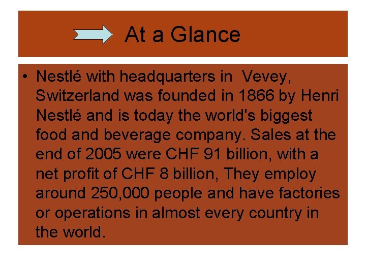 At a Glance • Nestlé with headquarters in Vevey, Switzerland was founded in 1866 At a Glance • Nestlé with headquarters in Vevey, Switzerland was founded in 1866
