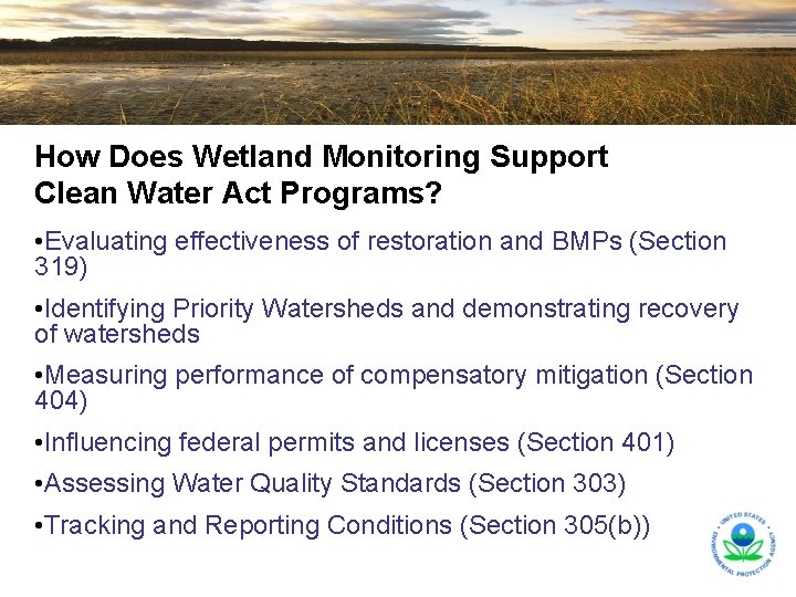 How Does Wetland Monitoring Support Clean Water Act Programs? • Evaluating effectiveness of restoration