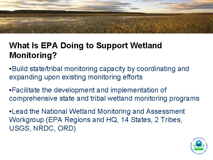 What Is EPA Doing to Support Wetland Monitoring? • Build state/tribal monitoring capacity by