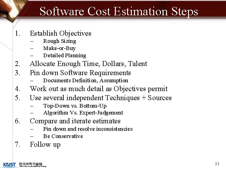 Software Cost Estimation Steps 1. Establish Objectives – – – 2. 3. Allocate Enough