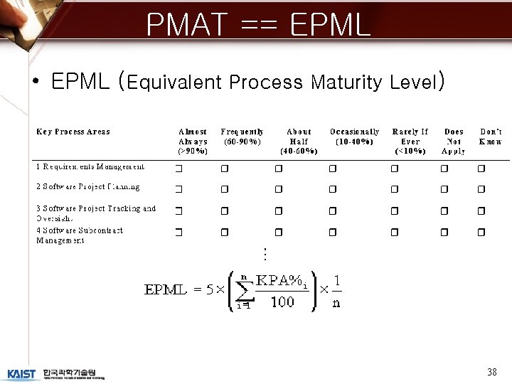 PMAT == EPML • EPML (Equivalent Process Maturity Level) 38 