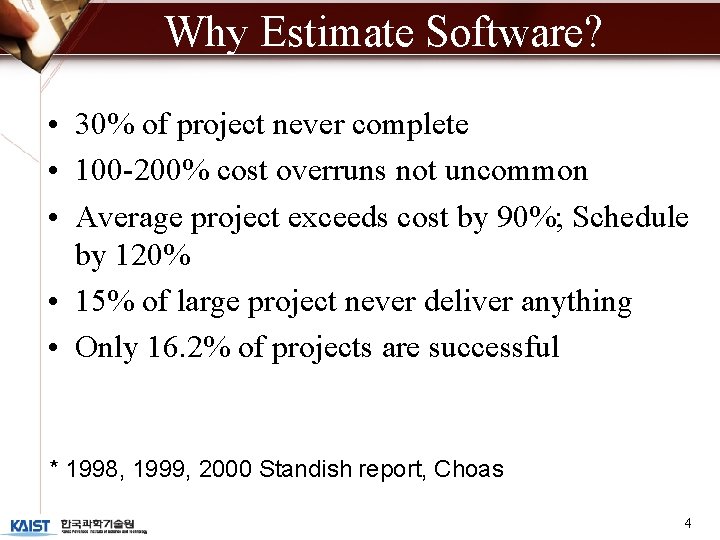 Why Estimate Software? • 30% of project never complete • 100 -200% cost overruns