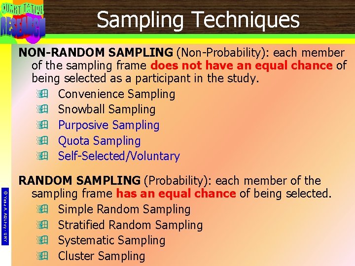 Sampling Techniques NON-RANDOM SAMPLING (Non-Probability): each member of the sampling frame does not have