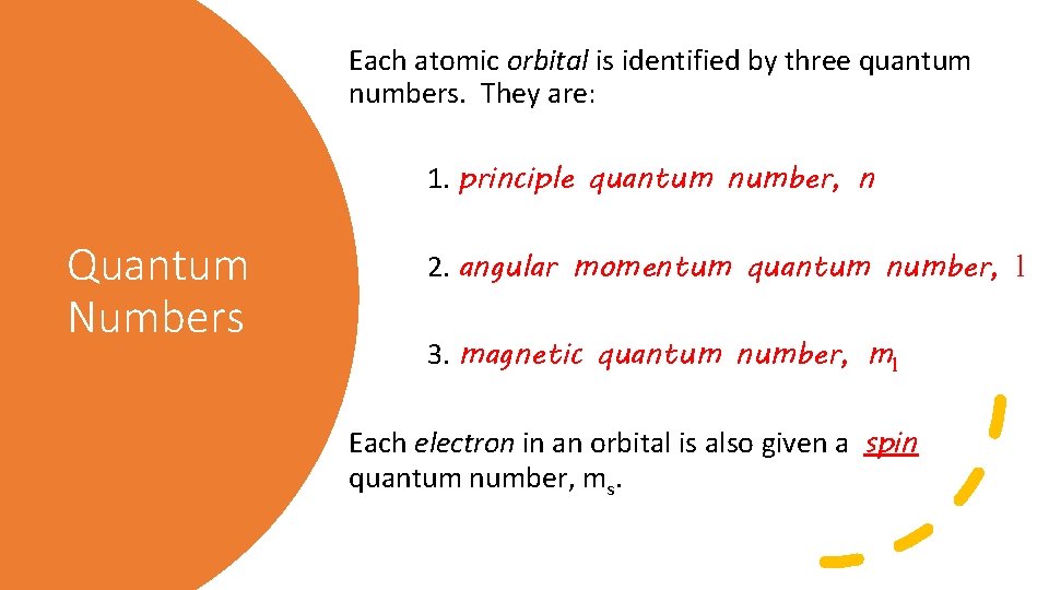 Each atomic orbital is identified by three quantum numbers. They are: 1. principle quantum Each atomic orbital is identified by three quantum numbers. They are: 1. principle quantum