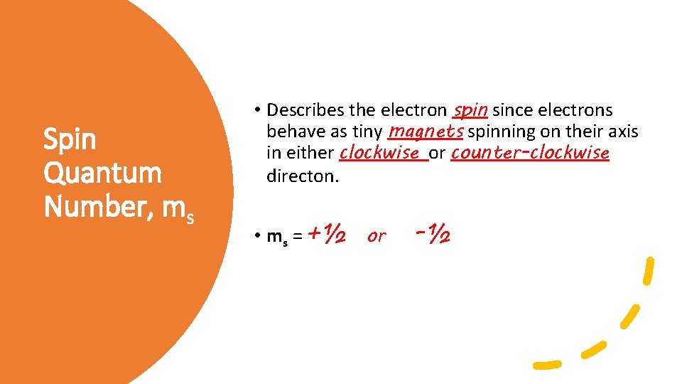 Spin Quantum Number, ms • Describes the electron spin since electrons behave as tiny Spin Quantum Number, ms • Describes the electron spin since electrons behave as tiny