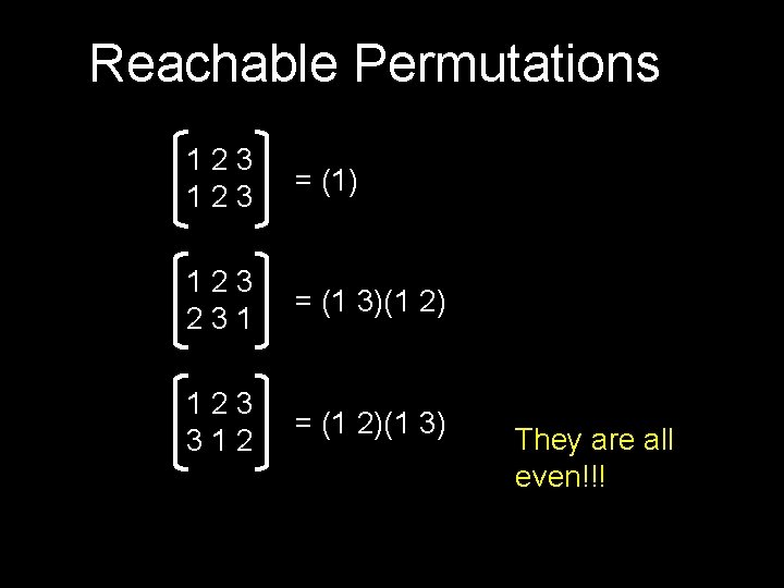 Reachable Permutations 123 = (1) 123 231 = (1 3)(1 2) 123 312 =