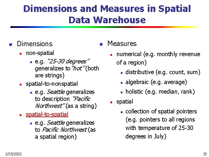 Dimensions and Measures in Spatial Data Warehouse n Dimensions n n n 2/15/2022 non-spatial