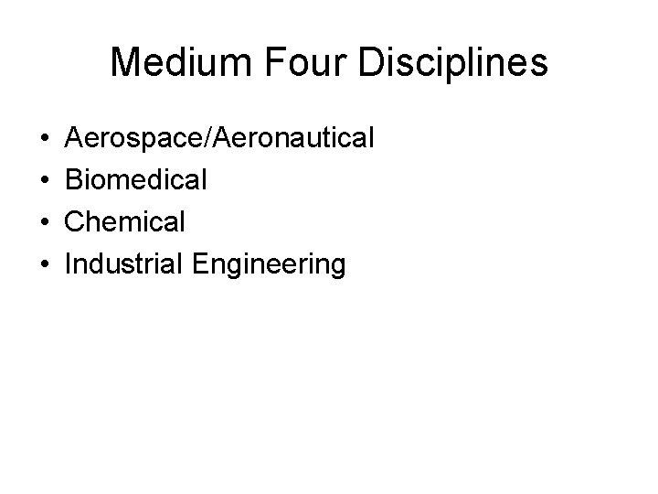 Medium Four Disciplines • • Aerospace/Aeronautical Biomedical Chemical Industrial Engineering 